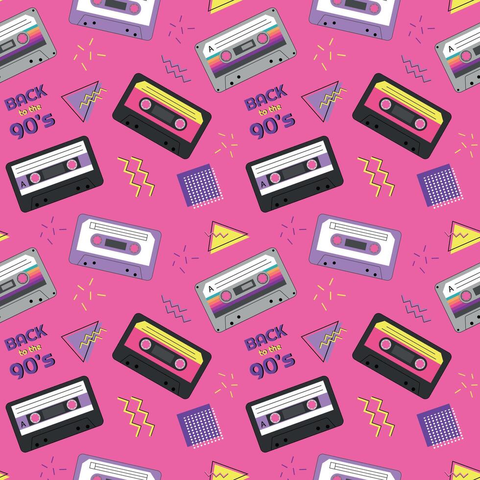 Bright seamless pattern in the style of the 90s with audio cassettes. illustration vector