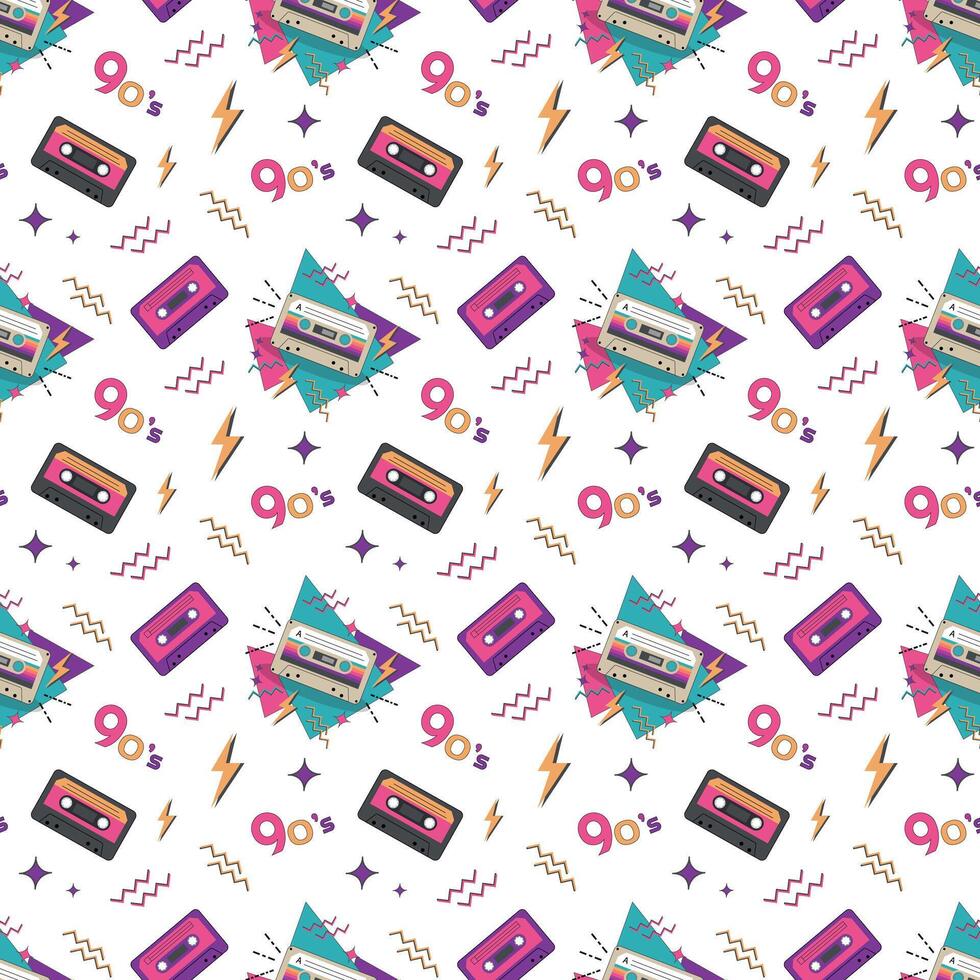 Seamless pattern in the style of the 90s with retro audio cassettes. Back in the 90s. vector