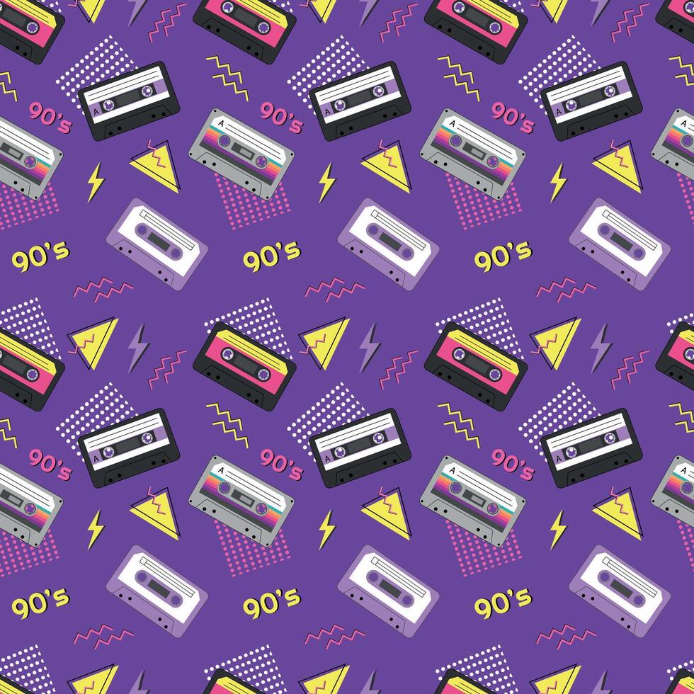 Bright seamless pattern in the style of the 90s with audio cassettes. illustration vector