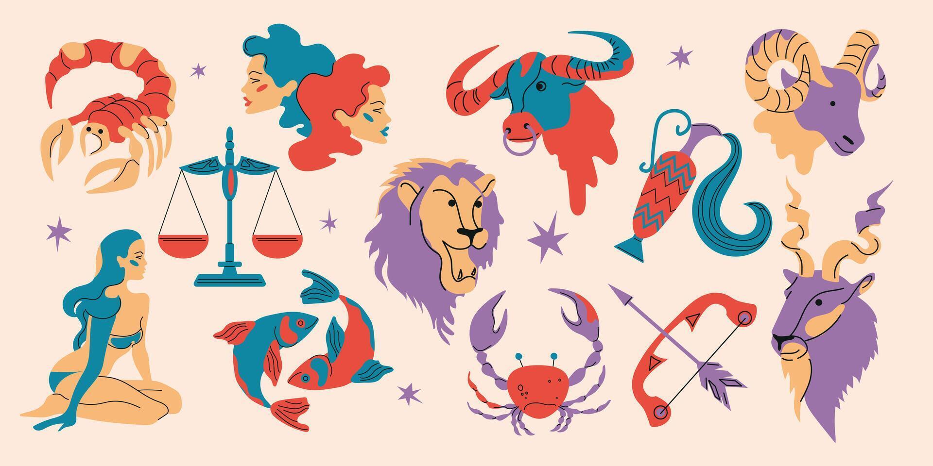 Astrological signs of the zodiac on a white background.Aries, Taurus, Leo, Gemini, Virgo, Scorpio, Libra, Aquarius, Sagittarius, Pisces, Capricorn, Cancer. Zodiac constellations. vector