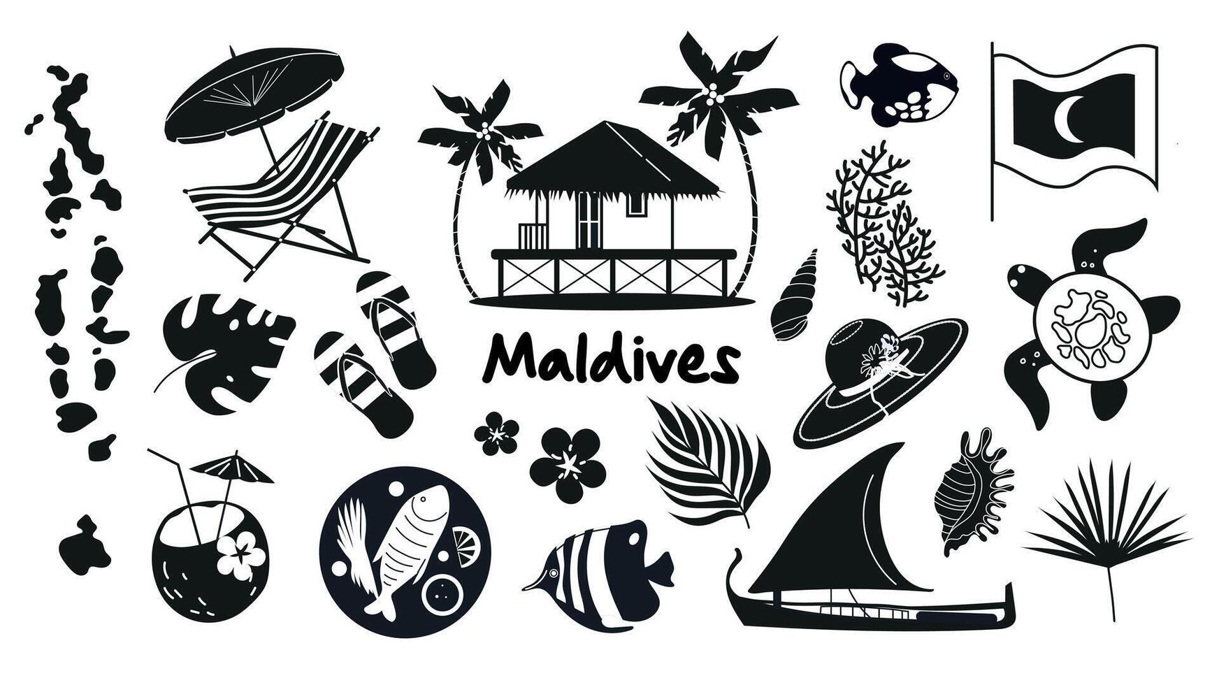Maldives glyph icons set. Beach resort. Black filled symbols collection. Isolated stock illustration vector
