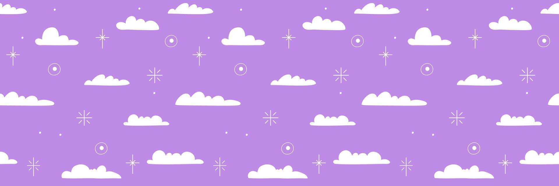 Seamless pattern with clouds and stars. Sky, stars, flat style. Hand drawn illustration. vector