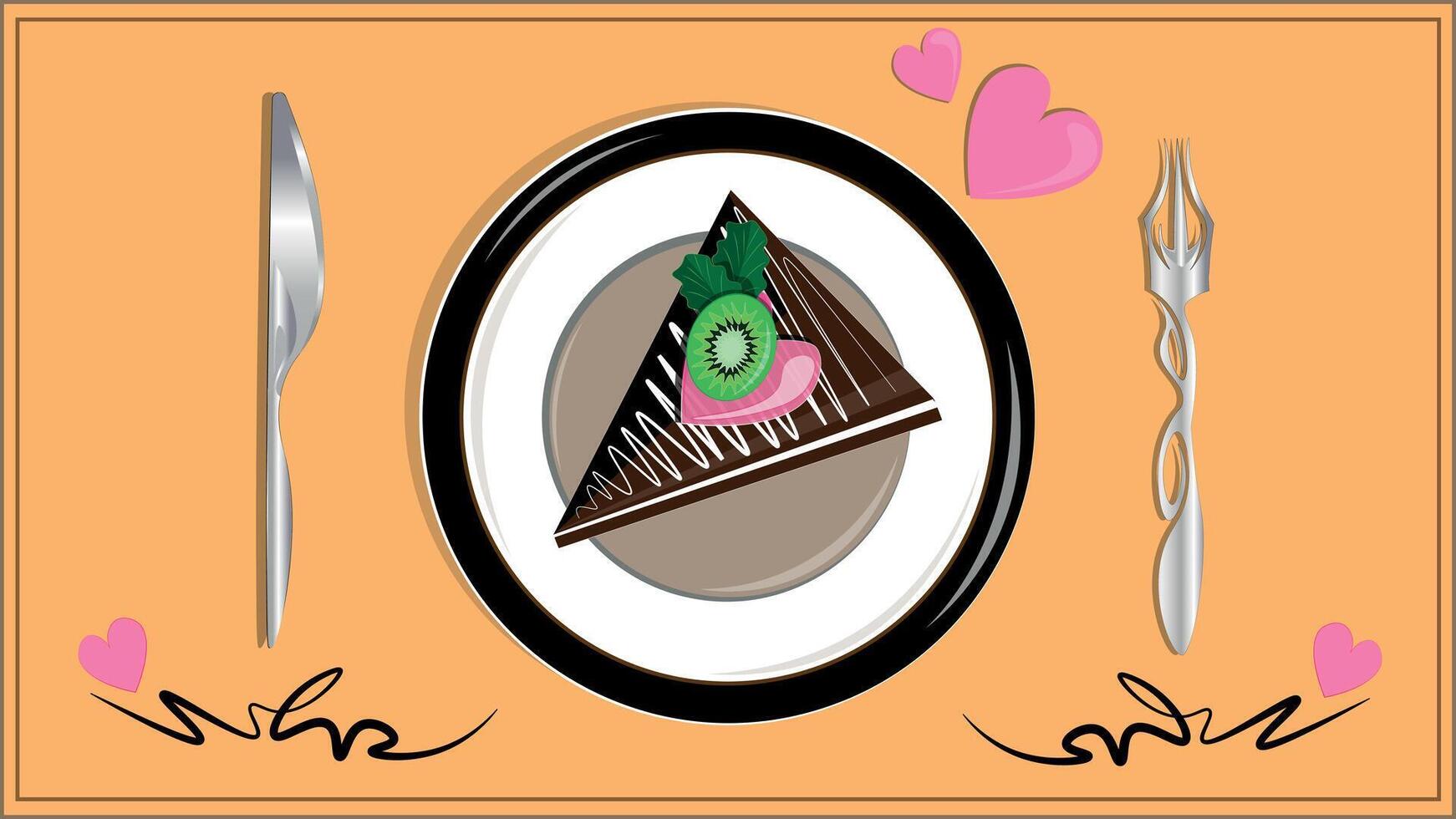 A delicious dessert, chocolate cheesecake with cream, marmalade and fresh kiwi. vector