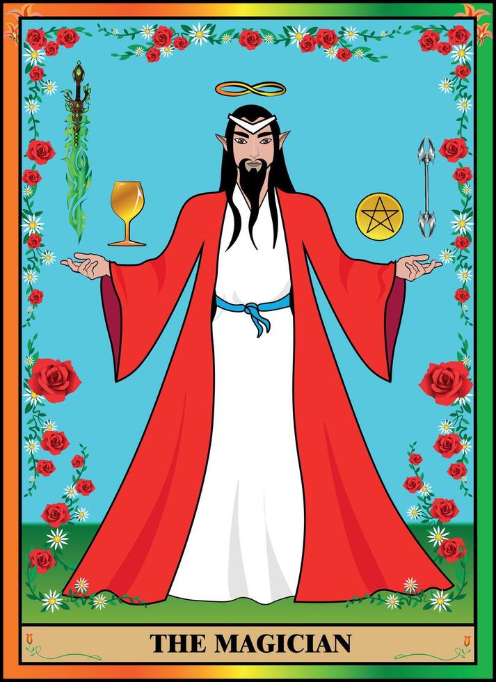 Tarot card magician. A magician with the power to transform everything in his life. The magician has all the tools useful to him. vector
