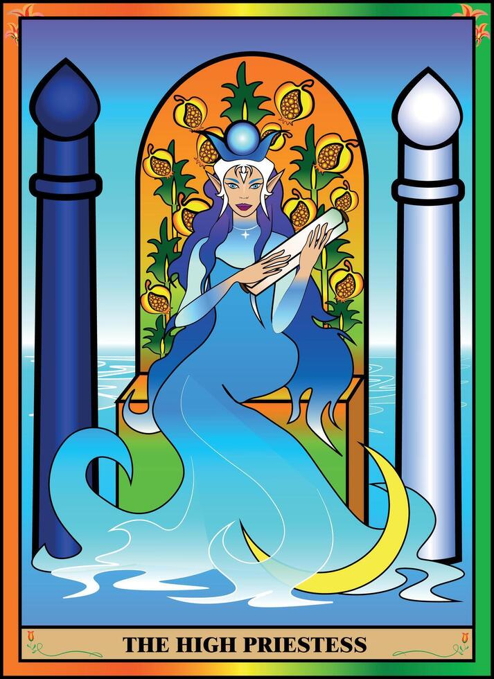 The tarot card is the high priestess. The priestess sits on a throne of fruit, commanding the elements of water and the power of the moon. The priestess holds a scroll of secret knowledge. vector