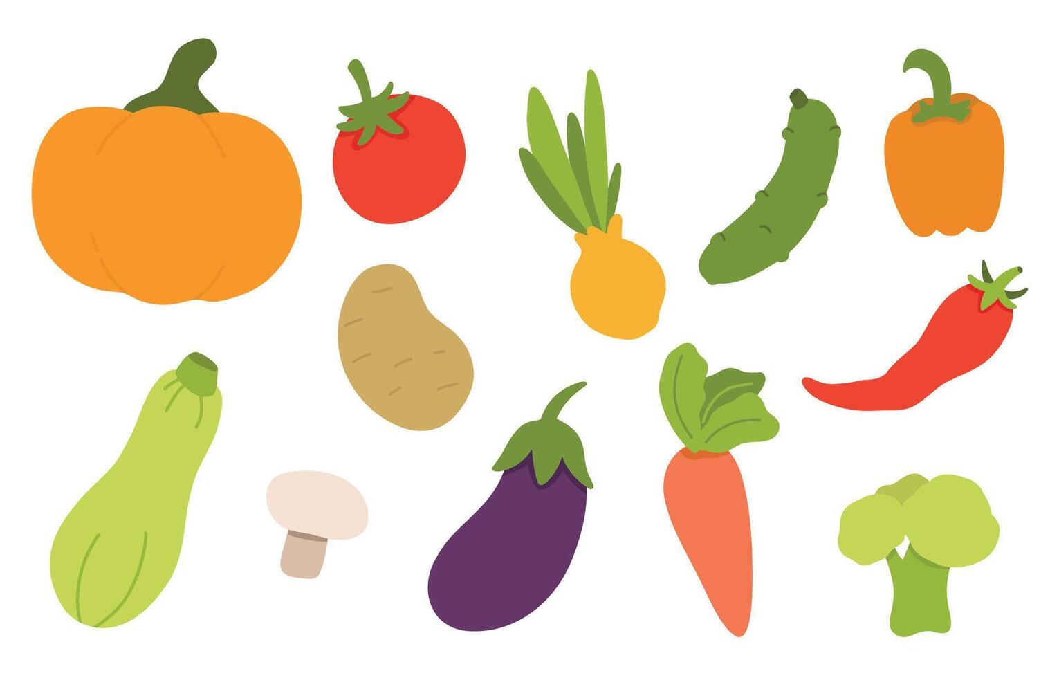 Set of different vegetables. Collection of organic vitamins and healthy nutrition. Tomato, pumpkin, cucumber, mushroom, potato. vector