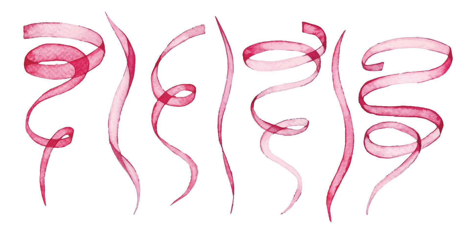 watercolor drawing, set of transparent ribbons and bows in pink color. symbol of the fight against breast cancer vector
