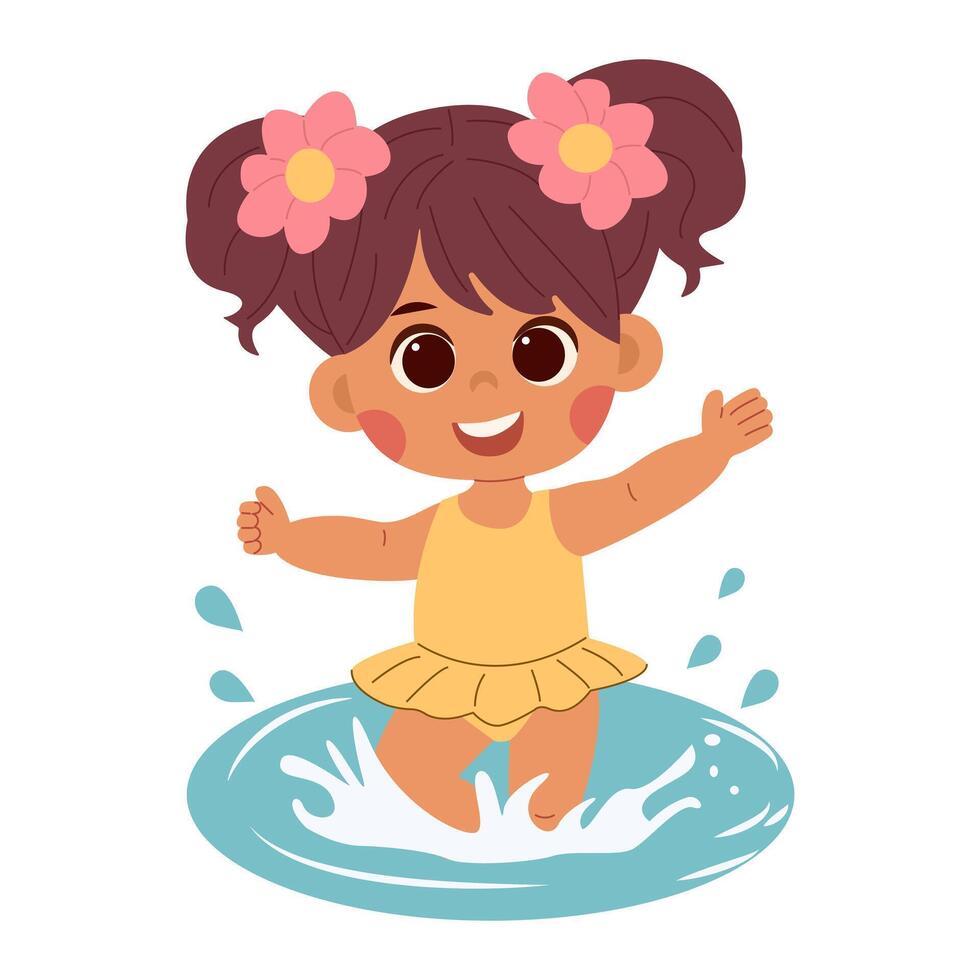 Cute cartoon little girl with dark hair in a yellow swimsuit playing in the water on a white background isolated. Print for tshirt for kids.Concept illustration vector