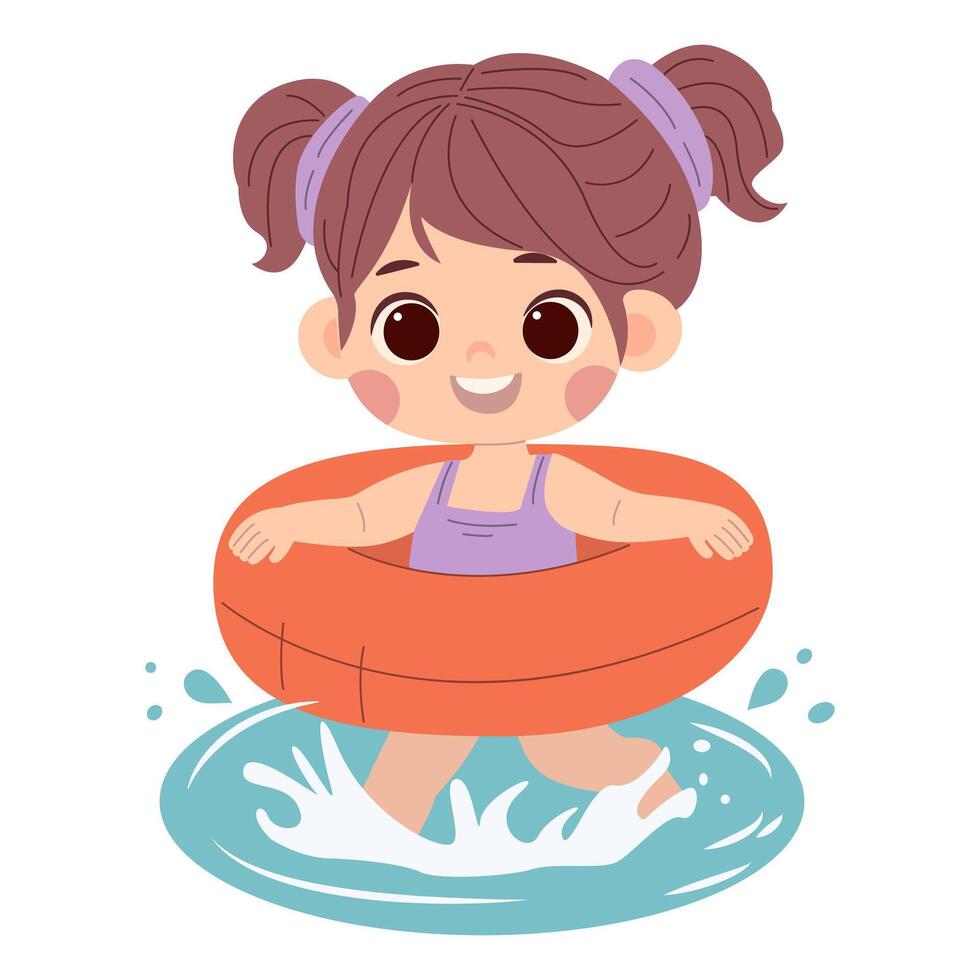Cute cartoon little girl with a floating ring in a yellow swimsuit playing in the water on a white background, isolated. Print for tshirt for kids. Concept illustration vector