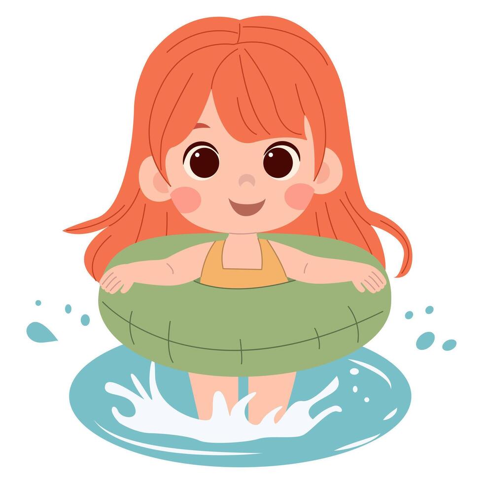 Cute cartoon little girl with a floating ring in a yellow swimsuit playing in the water on a white background, isolated. Print for tshirt for kids. Concept illustration vector