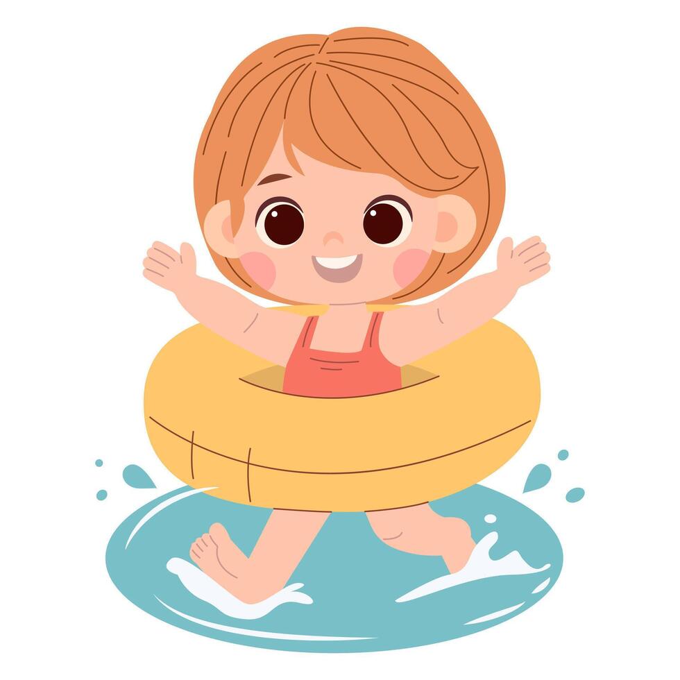 Cute cartoon little girl with a floating ring in a red swimsuit playing in the water on a white background, isolated. Print for tshirt for kids. Concept illustration vector