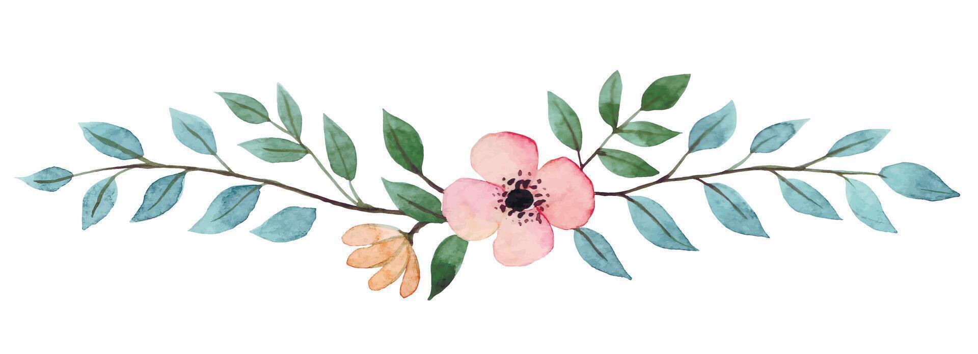 text divider. watercolor drawing of cute flowers and leaves, illustration in simple style. scrapbooking vector