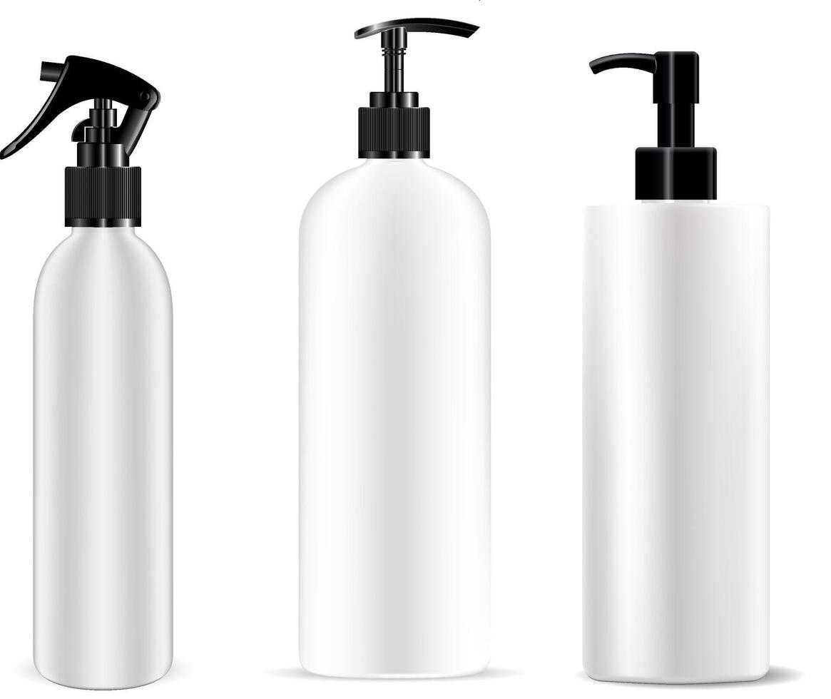 Dispenser Bottle Pump and Spray Set. Cosmetic Mockup of Plastic Container Variations for Lotion, Moisturizer, Deodorant, Water. 3d jar for Foam, Shower. Realistic Packaging. vector