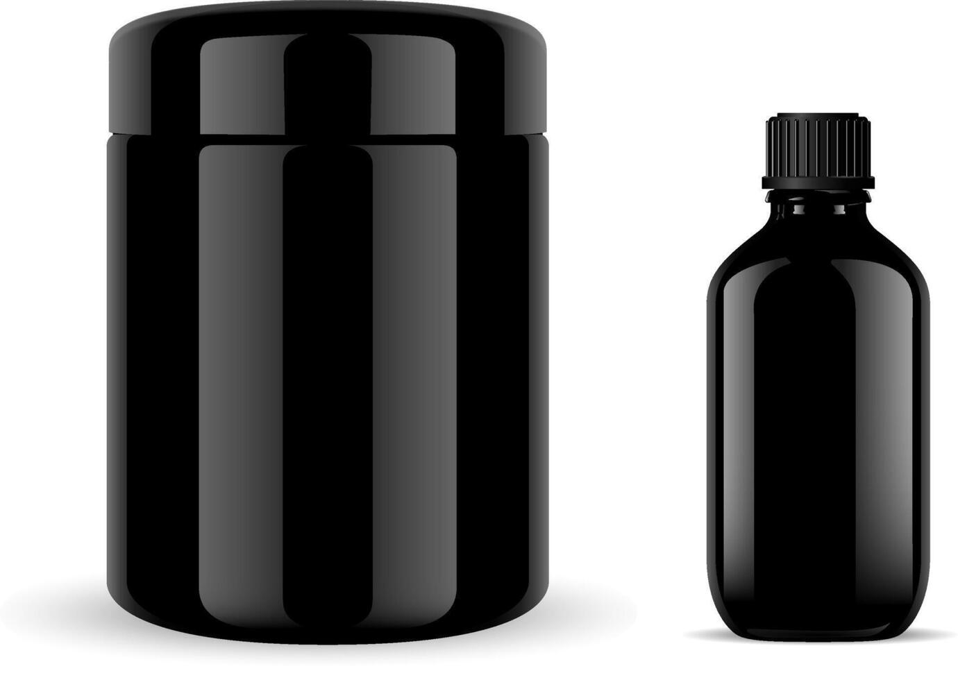 Black glass medical bottle isolated on white. Glass or glossy plastic container for different cosmetic or medical products. 3d realistic vial mockup design. vector