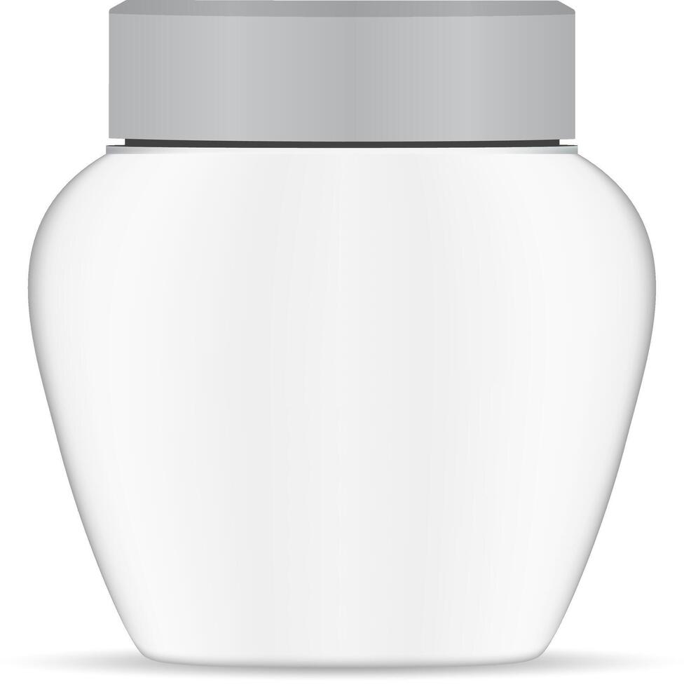 Cream Jar White Plastic. Round Container Mockup for Powder, Skin or Face Care Creme. Realistic 3d Package for Sunscreen Medical Ointment, Balm or Mousturizer. Isolated Canister Template. vector