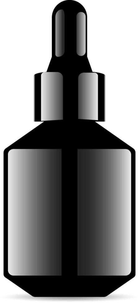 Black Glass Dropper Bottle. Luxury Medical Aroma Oil Vial. Serum Container Cylinder with Eye Drop. Mock Up Isolated on White Background. Realistic Beauty Flask For Face Hygiene. vector