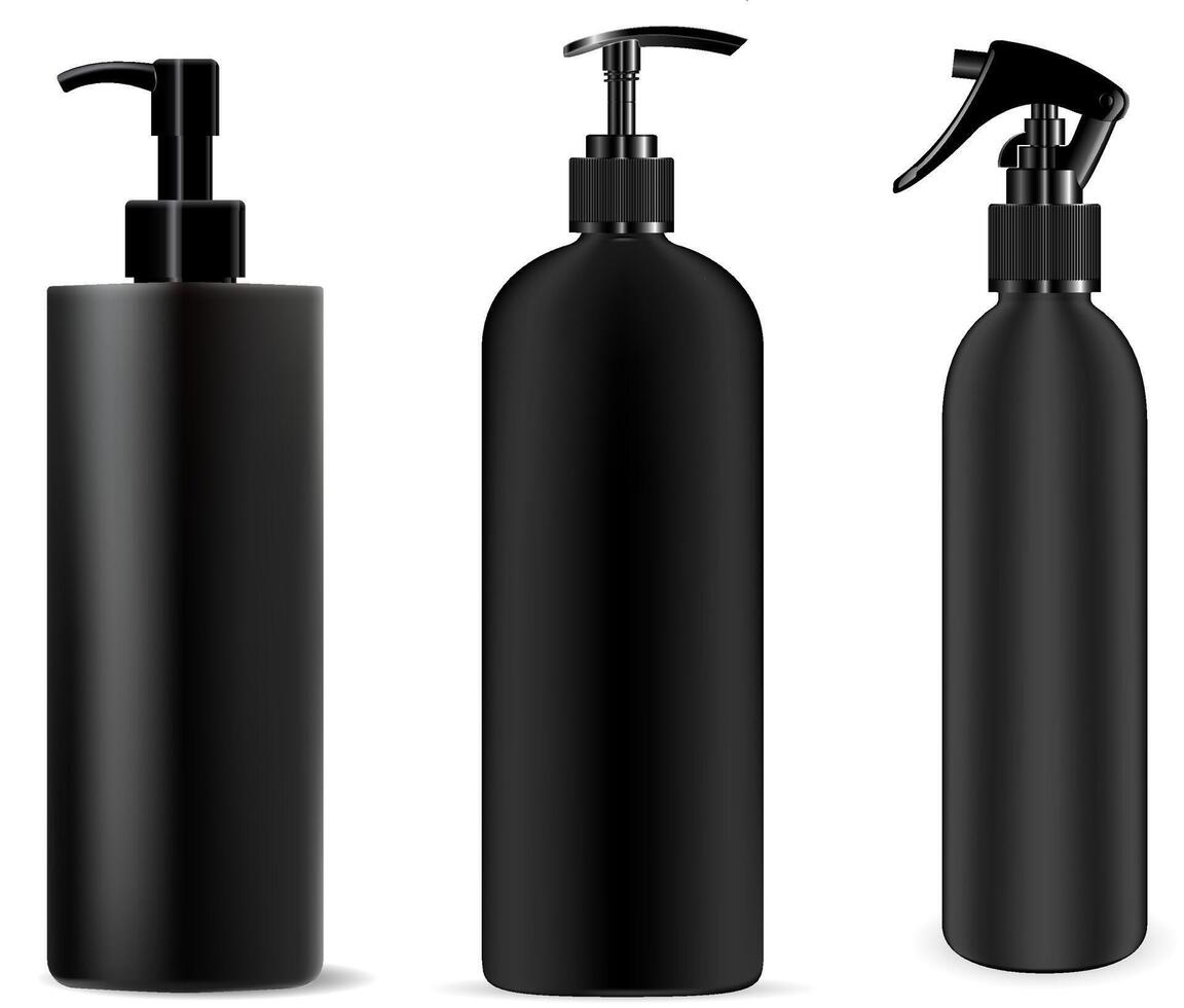 Bottle Black Spray. Cosmetic Dispenser Mockup Plastic Container. Realistic Clear Packaging for Lotion, Foam, Soap. Sprayer Jar with Trigger 3d Design. Isolated Object. Beauty Tube Template. vector