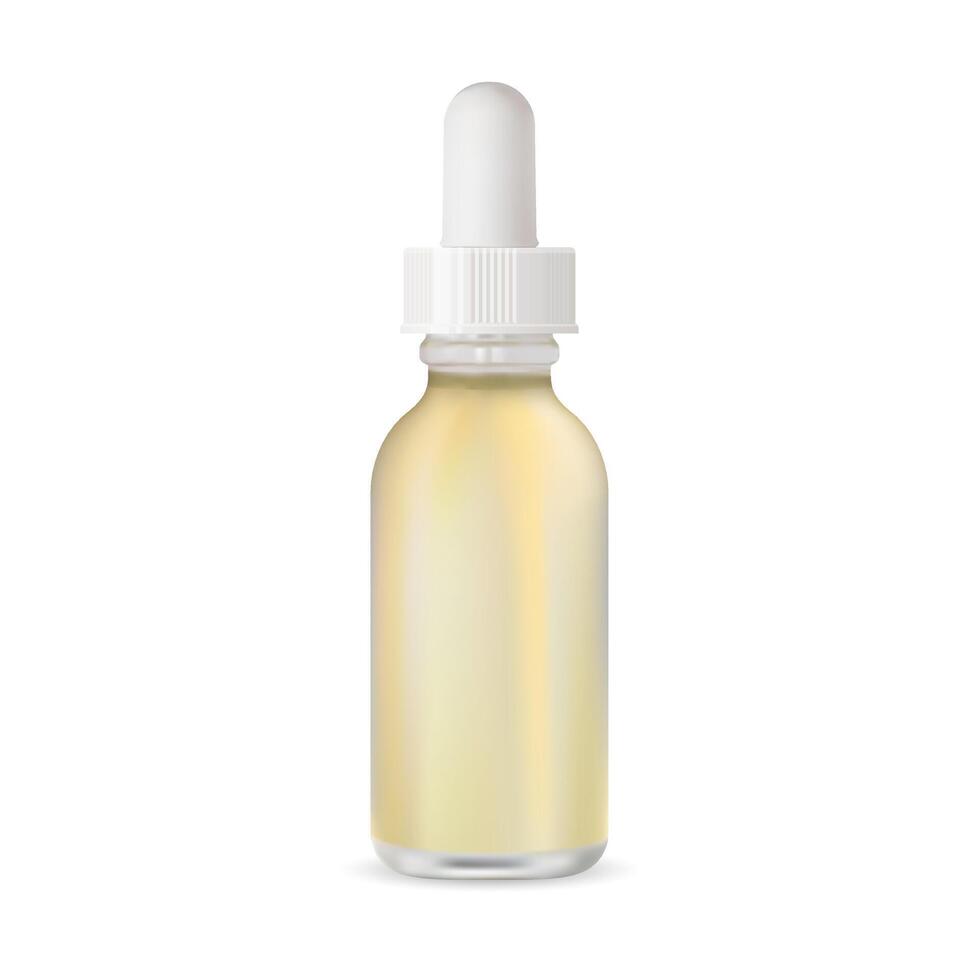 Dropper Bottle for Serum. E Liquid Drop Glass Clear Container. Anti Aging Dna Q10 Medicine Enzyme Mockup. Vapour Refill Flacon with Eyedropper. Collagen Essence Health Solution Vial. vector