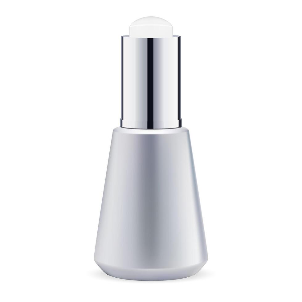 Serum Bottle. Cosmetic Dropper Packaging. Clear 3d Vial isolated on White. Medicine Container Mockup for Collagen Essence. Plastic Matte Package with Droplet Cap with Organic Aroma Perfume. vector