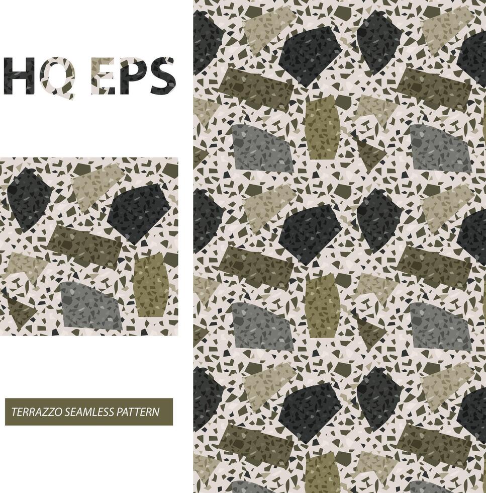Terrazzo Seamless Pattern. Camouflage Green Flat texture. Granite Tile Rock Abstract Textile Print. Home Kitchen Flooring Mosaic. Colorful Italian Wallpaper Limestone Sample. Pebble Repeat Fill vector