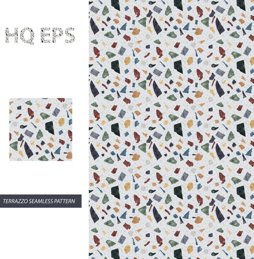 Terrazzo Pattern. Seamless Colorful Marble Texture. Granite floor Stone Facion Design. Rock or Concrete Venetian Print. Modern Color Decorative Fabric Element. Irreggular Splinter Shape. vector
