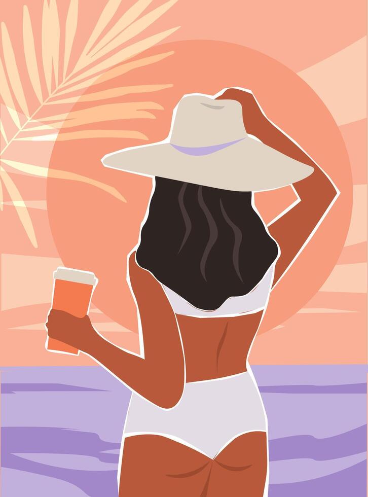 Abstract girl in a swimsuit and hat from the back. Beautiful woman on vacation with a drink. vector