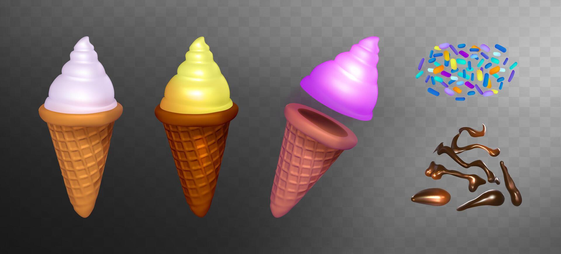 3d kit of ice cream in waffle cones. Vanilla ice cream. Set of chocolate drops and sprinkles vector