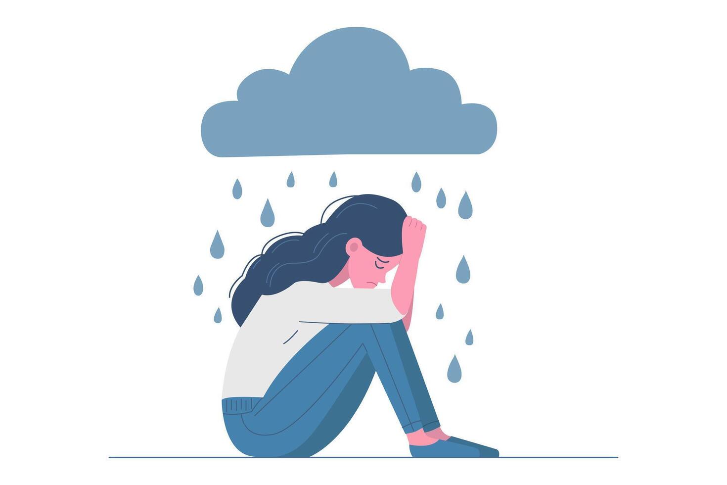 Depression concept. Young sad and tired upset girl crying, depression, problems with psychotherapy, mental health, with a rain cloud above her head. illustration. vector