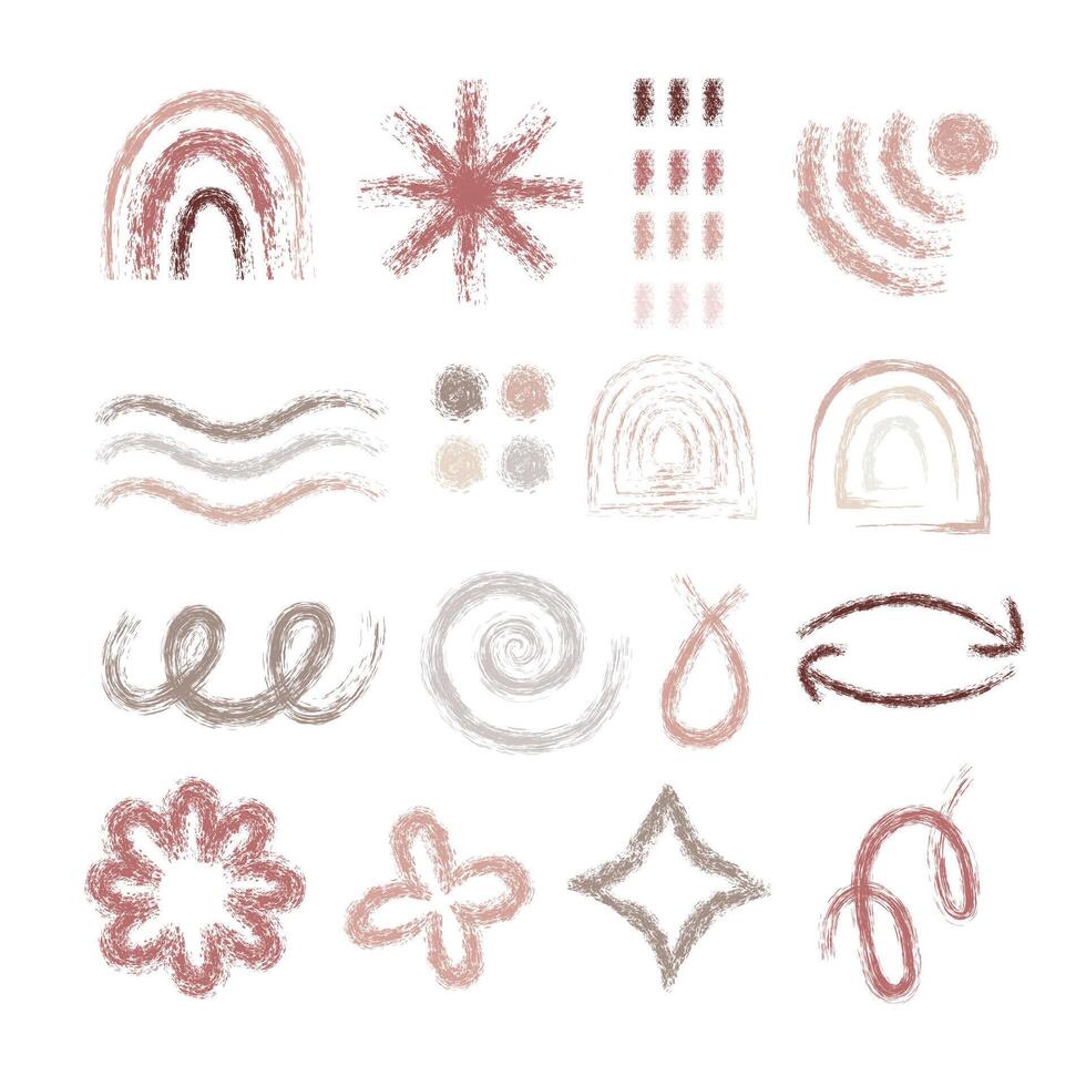 Pastel abstract doodles shapes and figures, arch arrows and design elements drawn chalk or Crayon doodles organic colors.Minimal geometric set, abstract and primitive shapes with crayon texture. vector