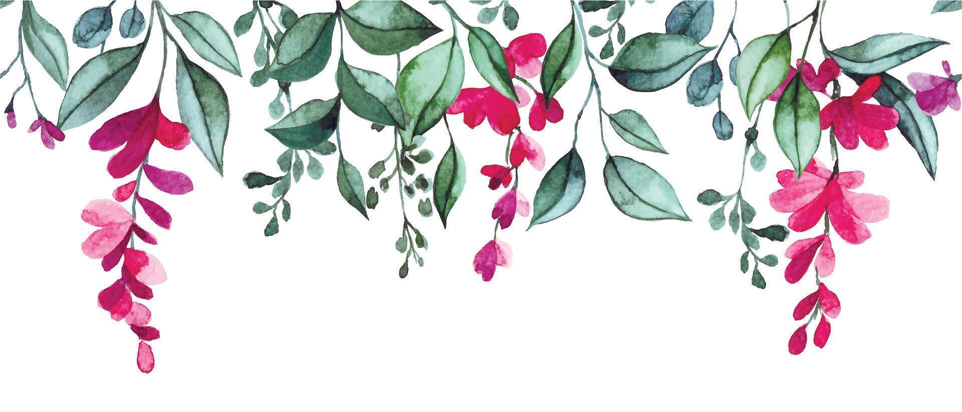 watercolor seamless border with pink wisteria flowers and leaves. elegant frame vector