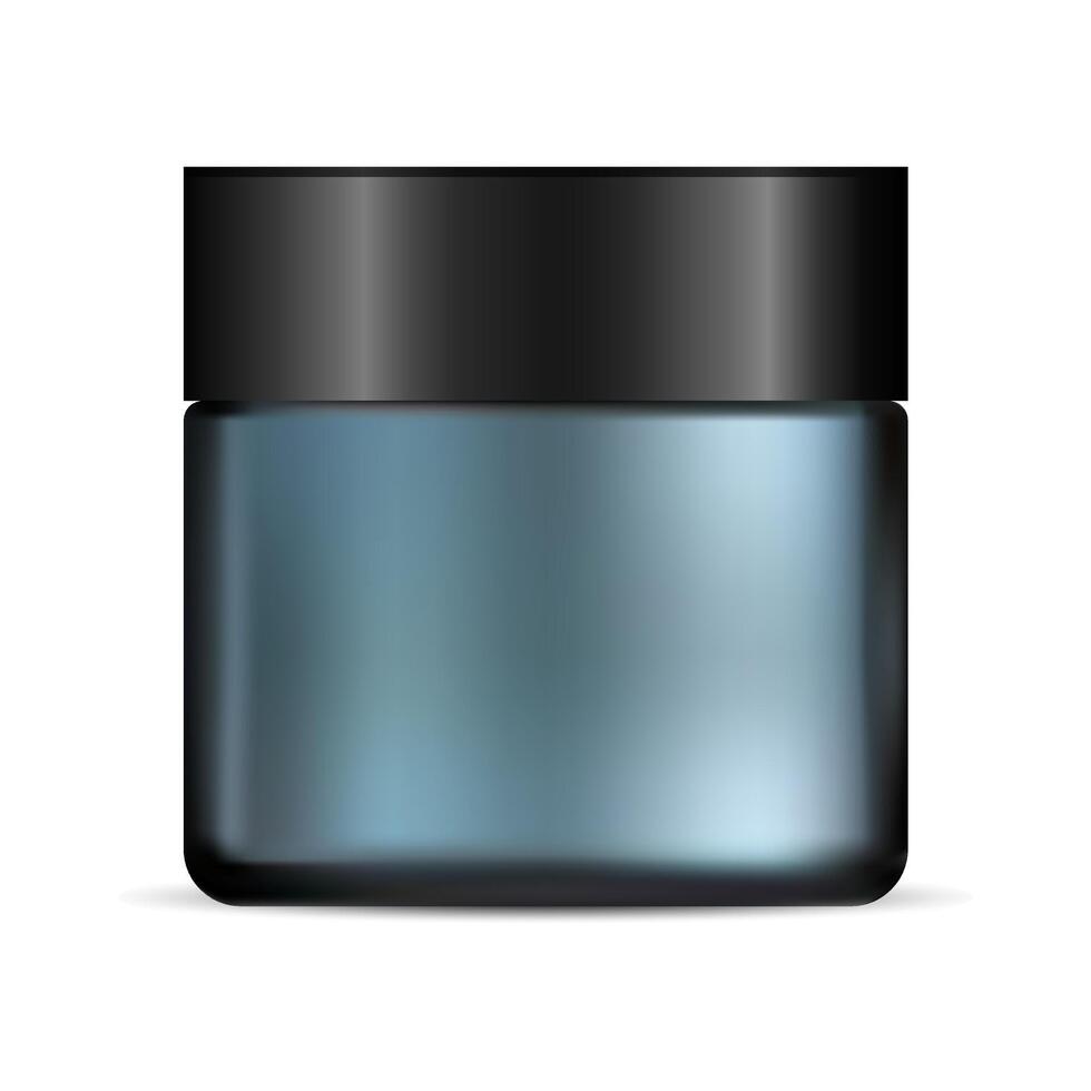 Glass Cream Jar. Realistic Matte Blue Round Pot Template. Clear Container with Black Plastic Lid for Face Care Cosmetic Product Isolated on Background. Premium Pot Mockup. Facial Skin Repair. vector