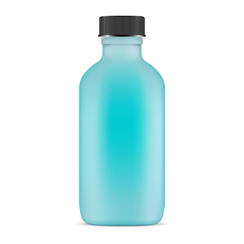 Glass Cosmetic Bottle. Realistic 3d Blue Flask. Package Template with Black Plastic Cap. Cleansing Treatment Opaque Packaging. Matt Medicine Flacon. Face Care Product Jar. vector