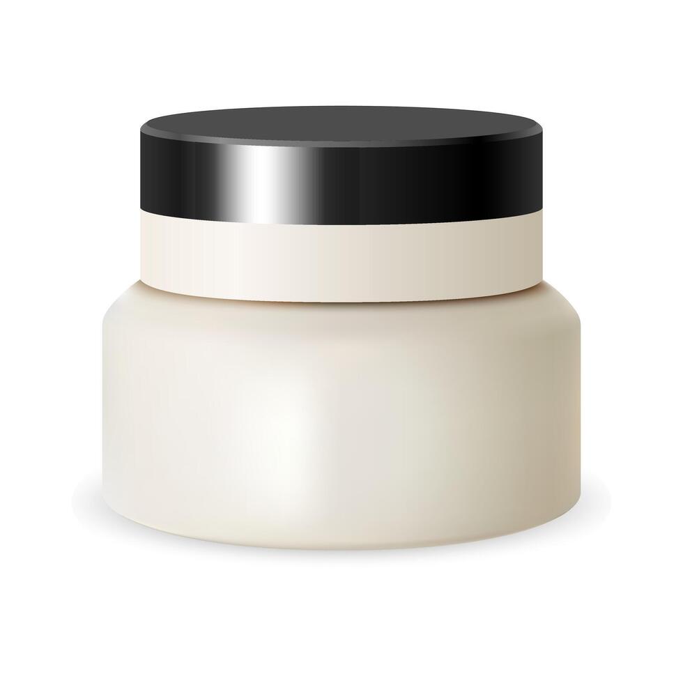 Jar Cream. Whitte Cosmetic Beauty Container. Plastic Round Isolated Mockup Packaging. Makeup Product Blank. Creme or Powder Canister. 3d Bowl Template for Whitening Scrub, Butter. vector