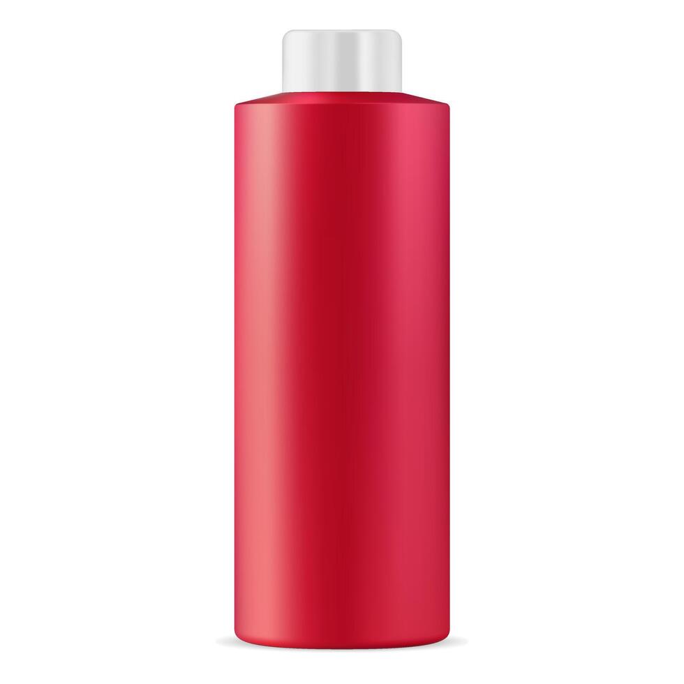 Red Cosmetic Bottle. Realistic Cylinder Plastic Packing Mockup. Round Shampoo Package 3d Design. Bathroom Hygiene Shower Gel Container. Empty Tube Template with glossy Silver Cap. vector