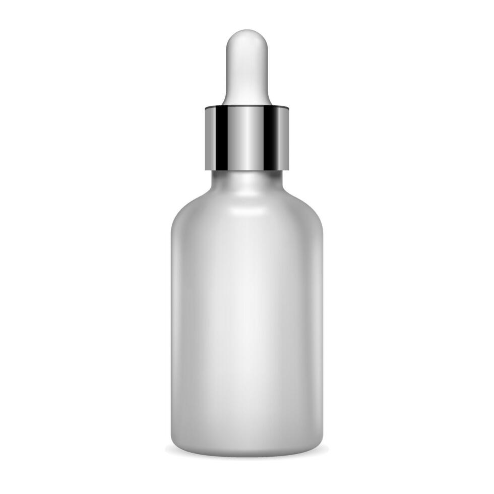 Dropper Serum Bottle. Essential Vial 3d Mockup. Clear Silver Metal Glass Eyedropper Packaging for Treatment E Liquid. Luxury Moisture Pot Mockup for Collagen Essence. Aromatherapy Jar. vector