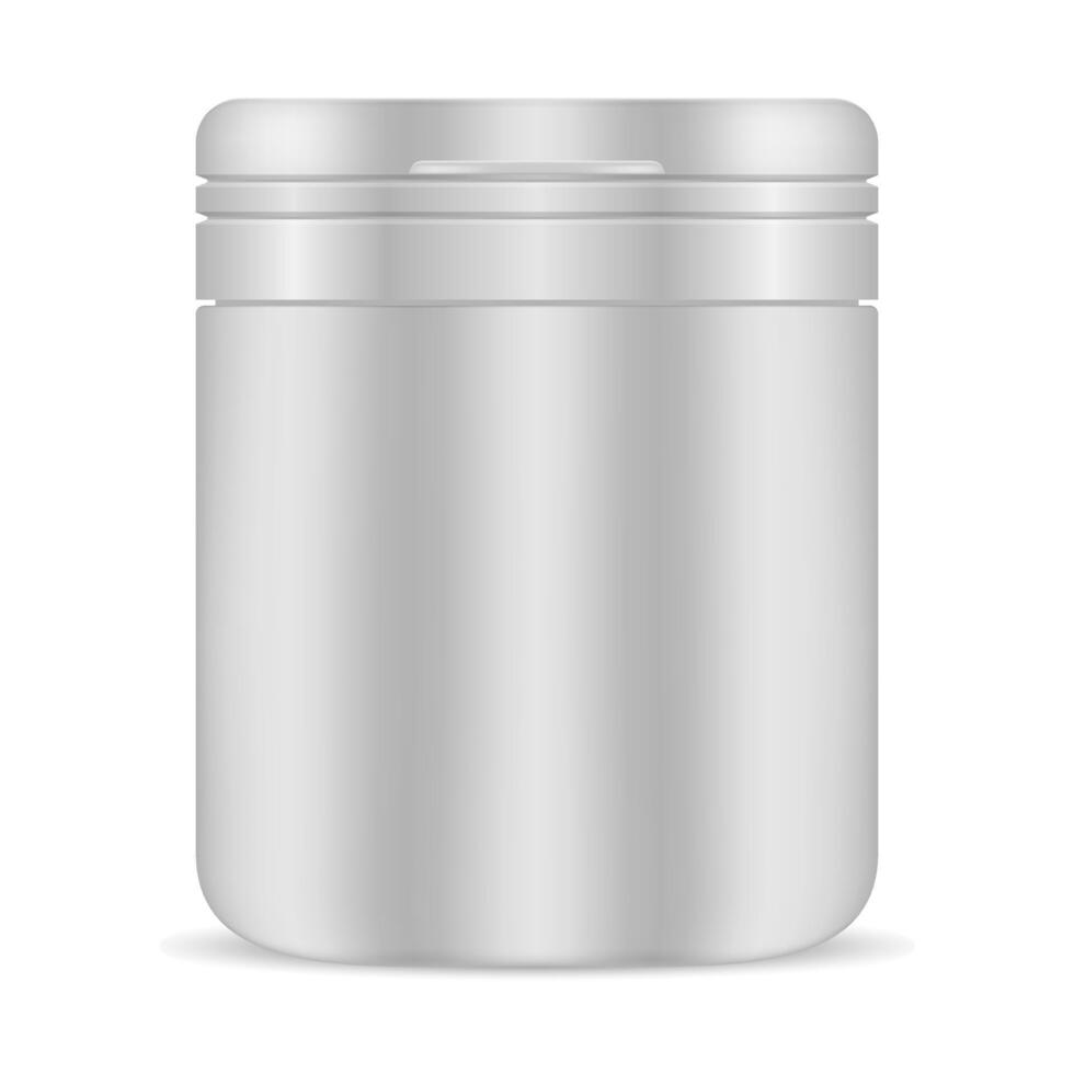 Pill Bottle. White Blank Package. 3d Plastic Container for Medicine Vitamin, Isolated. Supplement Jar with Cap. Round Pharmaceutical Tablet Box with Cover. Vertical Illustration. Placebo Drug. vector