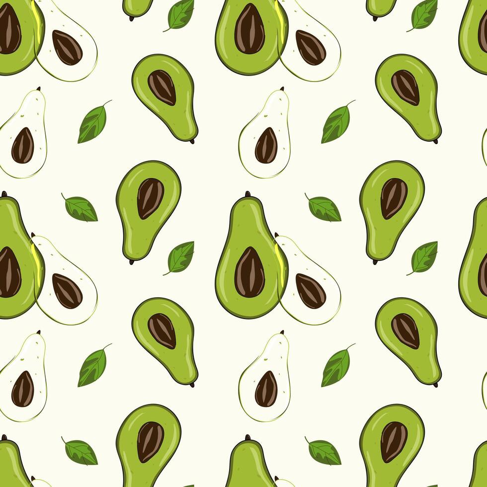 Ripe, juicy avocado cut with leaves, seamless geometric pattern, .Hand drawn in doodle style.Design for printing on fabrics, holiday and confectionery packaging, wallpaper, wrapping and scrap vector