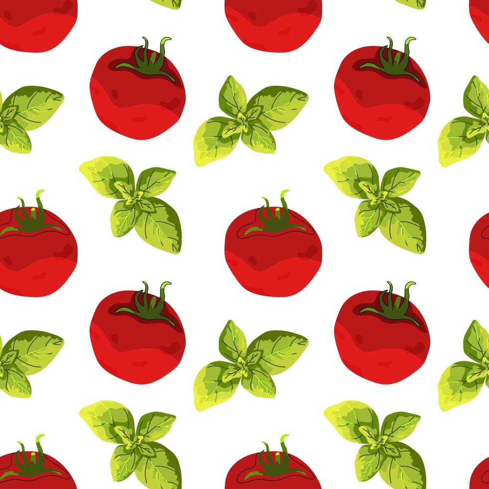 Seamless pattern, background with ripe red juicy tomatoes and basil leaves. Red tomato, cherry tomato. Basil. For textiles, illustrations, packaging paper, printing about natural vitamins, healthy eat vector