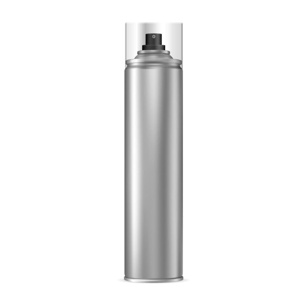 Aluminum Spray Can. Aerosol Bottle. Paint Tin with Cap. Deodorant or Hairspray 3d Cosmetic Cylinder Tube. Silver Antiperspirant Template. Compressed Foam Chrome Packaging with Plastic Lid. vector