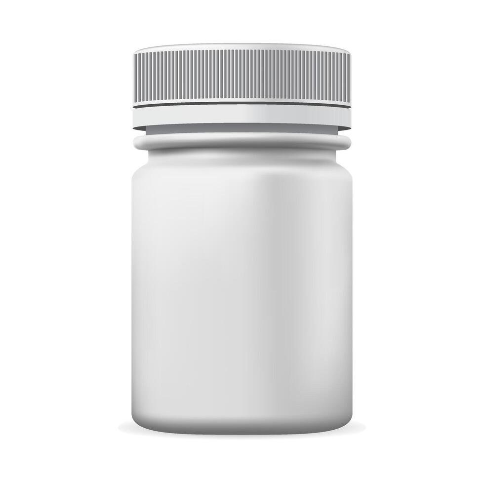 Pill Bottle. White Medicine Empty Container, . Vitamin Drug Pharmaceutical Healthcare Industry. Medication Antibiotic Pot for Aspirin Dose. Supplement Packaging Design Mockup. 3d Plastic Jar. vector