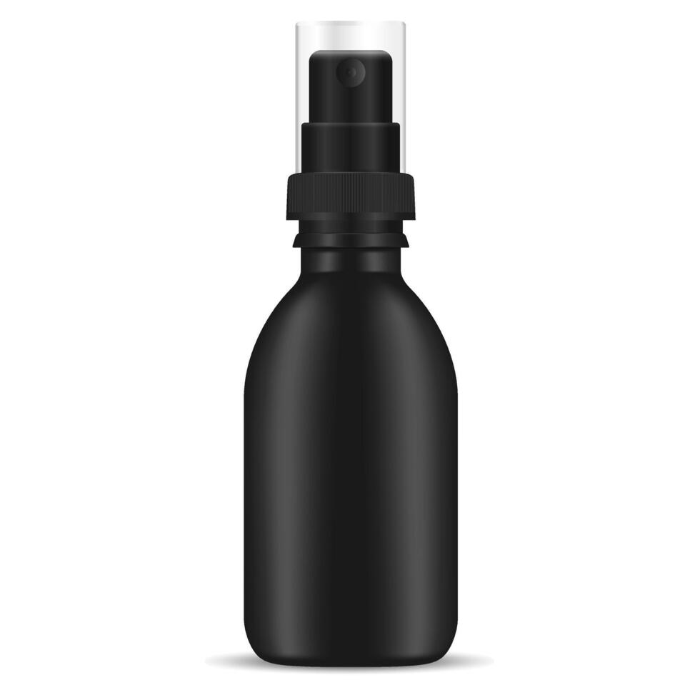 Black Spray Pump Bottle. Cosmetic Container. Aerosol Dispencer Package from Barber Collection. Men Cosmetics Oil Product. Plastic Sprayer Mockup Concept for Medical Essential. 3d Design. vector