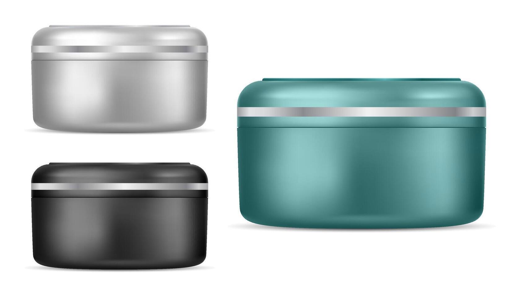 Plastic Cream Jar Package. Container Blank Mockup. Round Realistic Pot. Body Skin Product Bowl. Packaging Template with Silver on Lid. White Tube with Lotion. vector