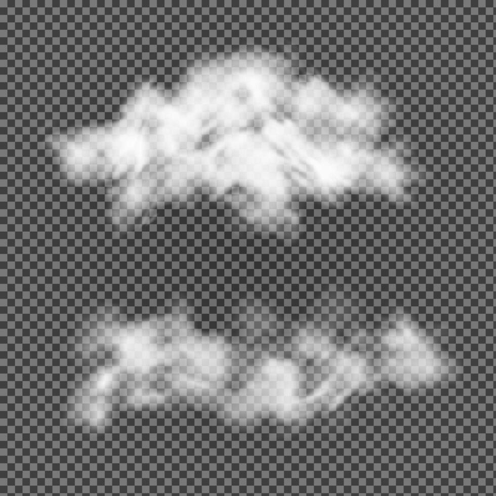 White Cloud Set. Realistic Cloudy Effect. Fluffy and Cumulus Smoke Collection. Beautiful Fog Object. Outdoor Texture Isolated. Peace Spring or Summer Atmosphere. vector