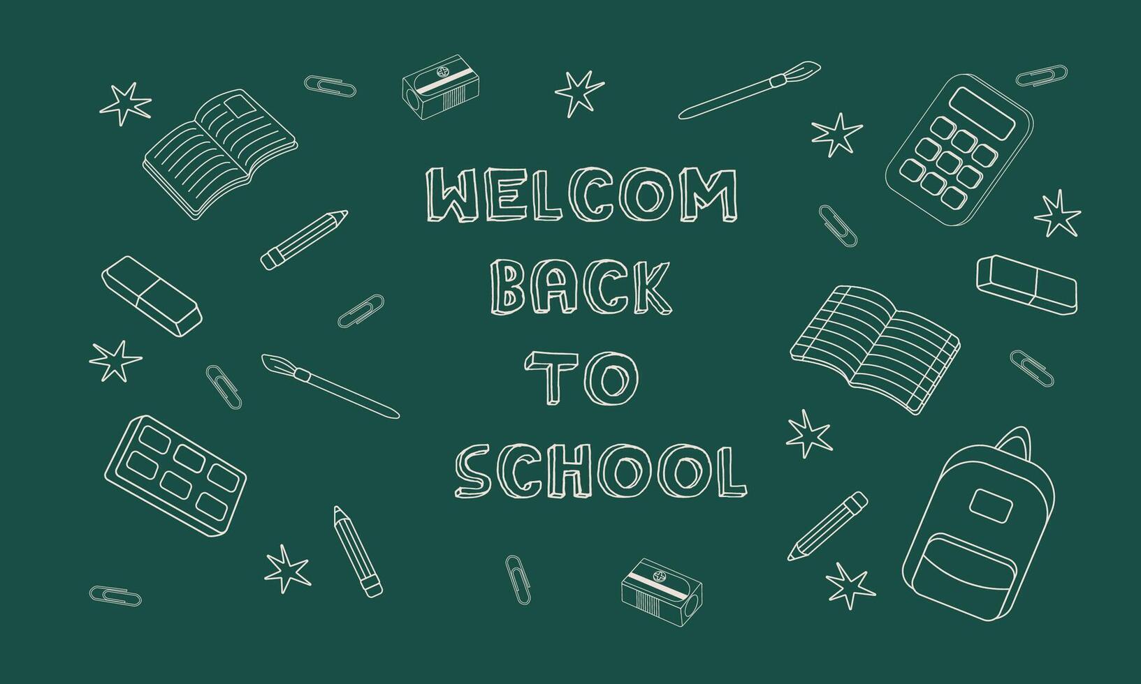 Welcome back to school banner template. School supplies and text are drawn on a green chalkboard. Design for schools, colleges, courses. vector