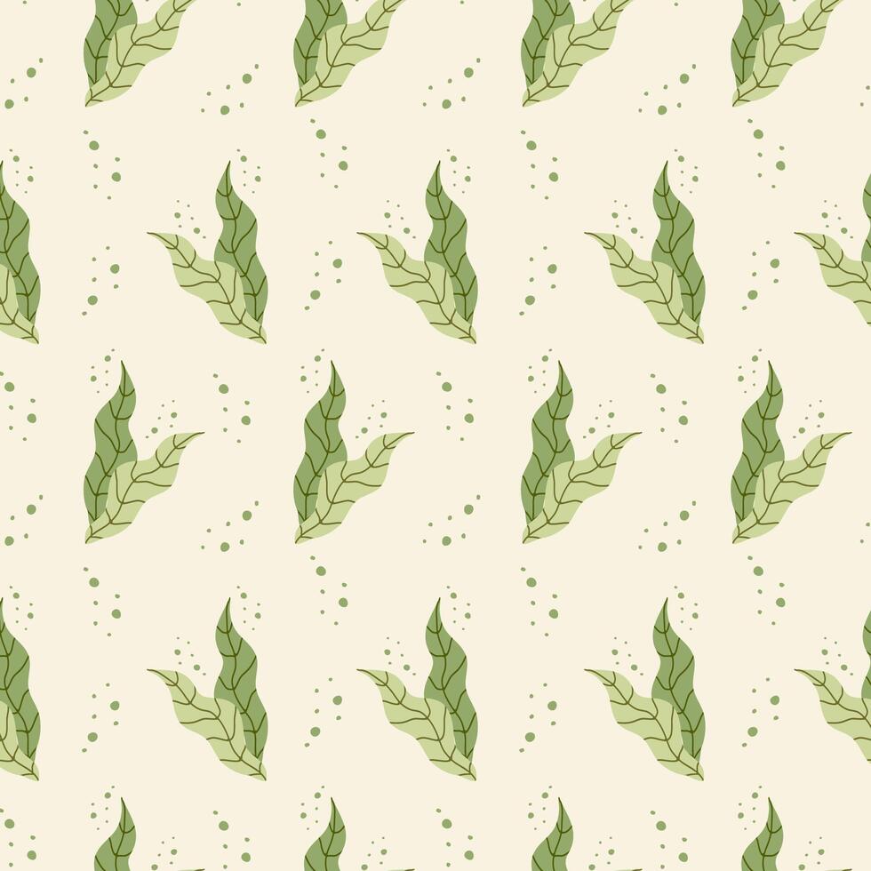 Seamless pattern of minimalistic green leaves. A repeating abstract background with hand-drawn leaves. Print for wrapping paper, textiles, wallpaper, textures. vector