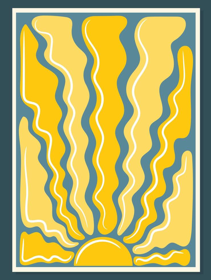 Groovy retro abstract sun background. Organic doodles in trendy naive hippie style. Modern template for poster printing. Vertical illustration. vector