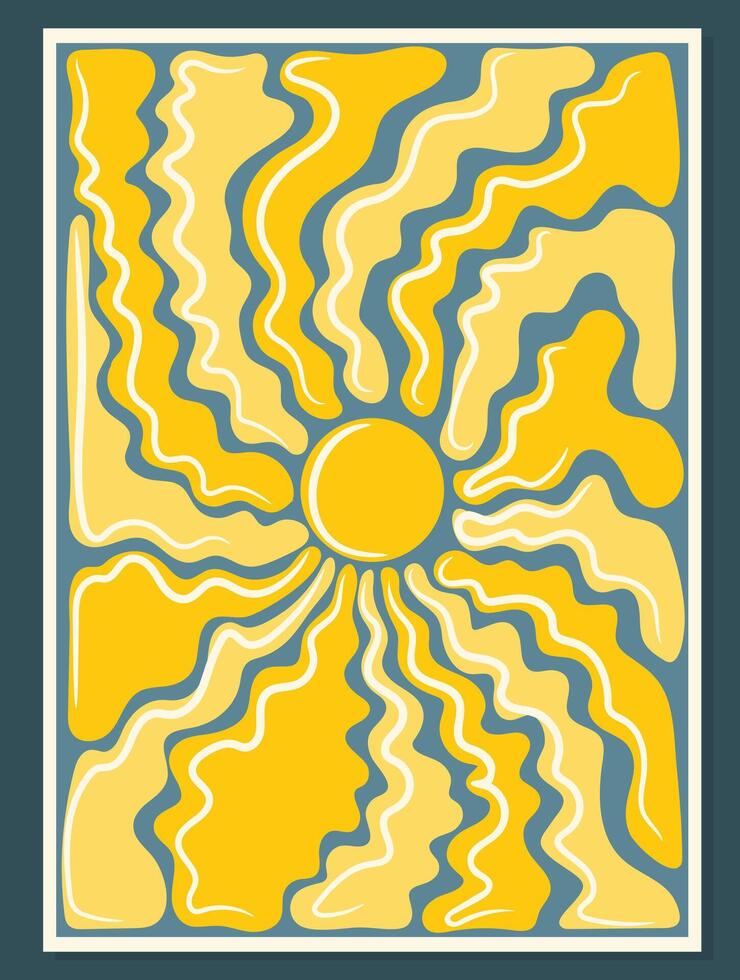 Groovy retro abstract sun background. Organic doodles in trendy naive hippie style. Modern template for poster printing. Vertical illustration. vector