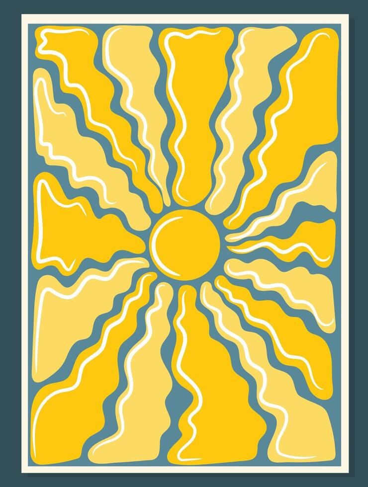 Groovy retro abstract sun background. Organic doodles in trendy naive hippie style. Modern template for poster printing. Vertical illustration. vector