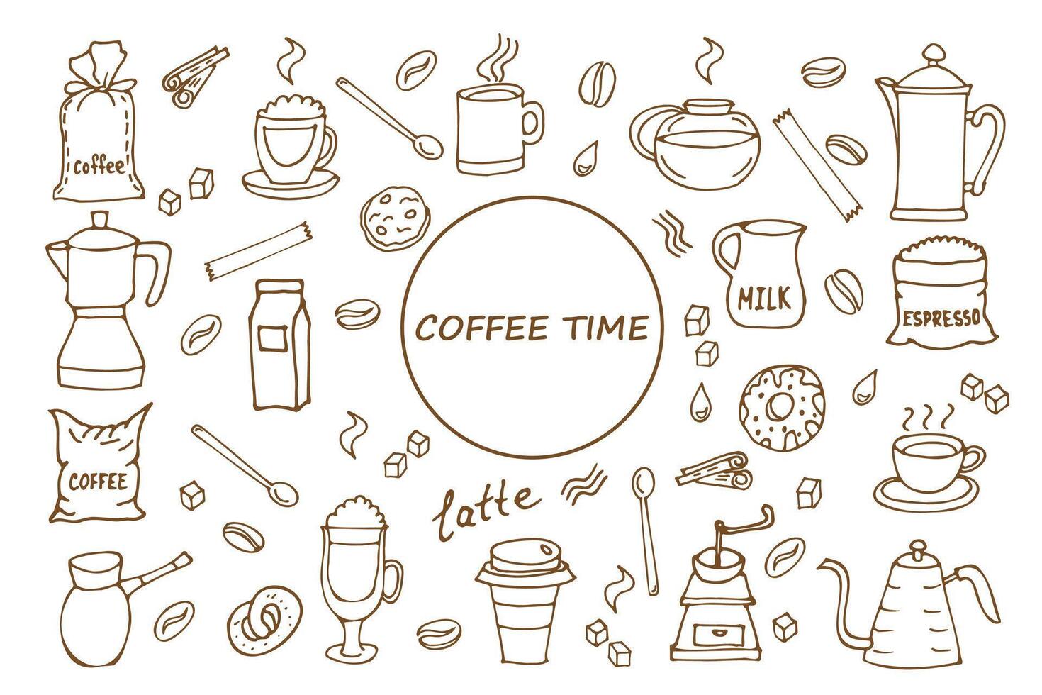 Set of hand drawn coffee sketches in brown color. Drawings of drinks, cups, snacks and coffeeware. Monochrome illustration for cards, menus and decorations. vector