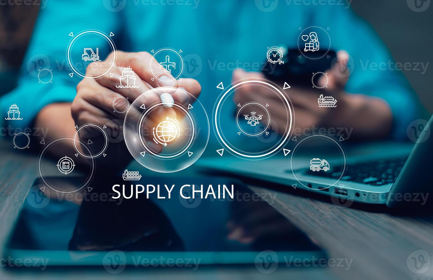 Supply Chain Management concept transportation and logistic suppliers, import export and transport industry. network distribution growth. container cargo ship and trucks of industrial cargo freight photo